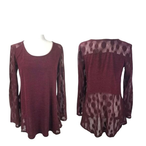 Deca Paris Women's Burgundy Polka Dot Mesh Long Sleeve Loose Sweater Size 4 NWT - Picture 1 of 11